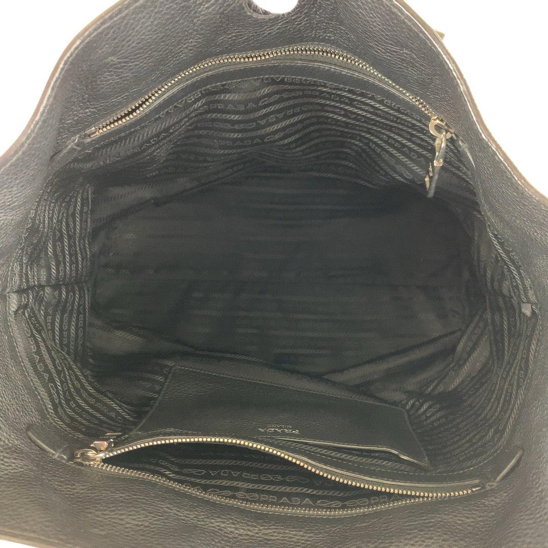 PRADA Tote Bag leather Black SilverMetal Tote Bag Shoulder Bag 2way Vittero Dyno Triangle With logo Women Used Authentic
