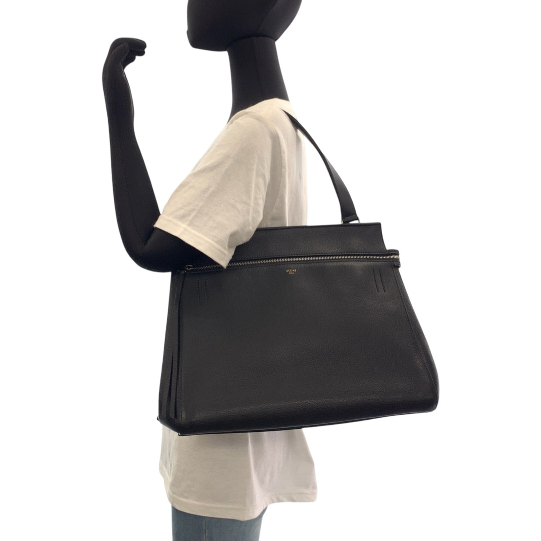 CELINE Tote Bag leather Black Gold Metal Tote Bag handbag Edge Women Used Authentic