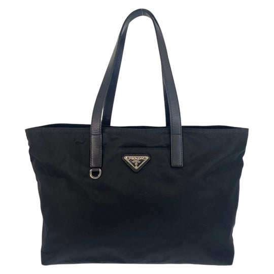 PRADA Tote Bag Nylon, Leather Black SilverMetal Tote Bag Shoulder Bag Test Triangle With logo Women Used Authentic