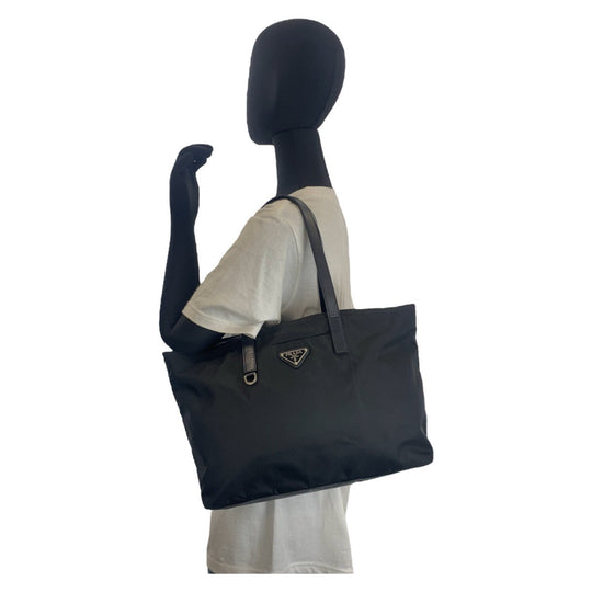 PRADA Tote Bag Nylon, Leather Black SilverMetal Tote Bag Shoulder Bag Test Triangle With logo Women Used Authentic
