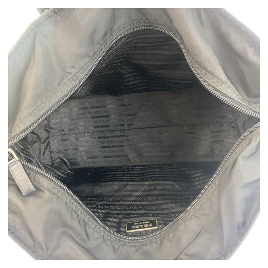 PRADA Tote Bag Nylon, Leather Black SilverMetal Tote Bag Shoulder Bag Test Triangle With logo Women Used Authentic