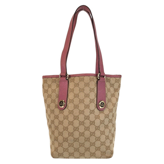 GUCCI Tote Bag 153361 GG canvas, leather Beige Pink Gold Metal Tote Bag Shoulder Bag Women Used Authentic