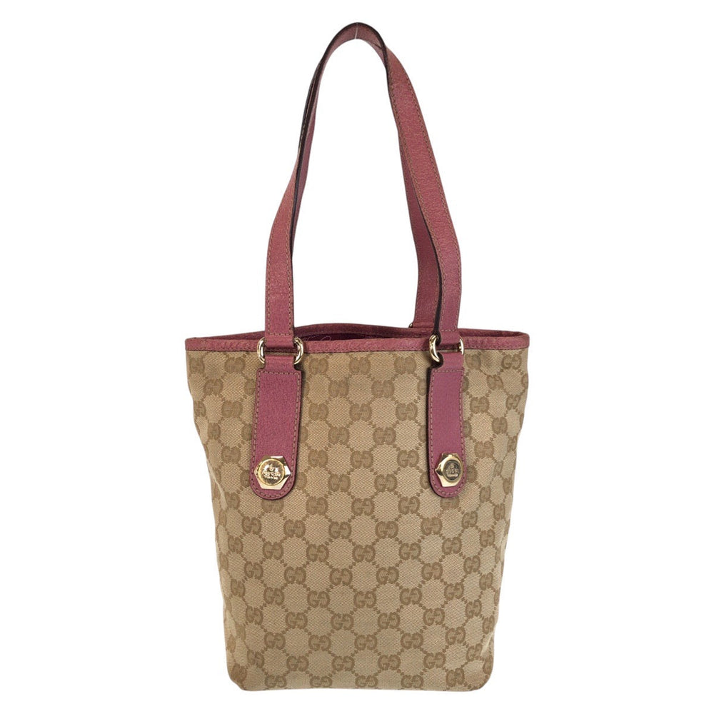 GUCCI Tote Bag 153361 GG canvas, leather Beige Pink Gold Metal Tote Bag Shoulder Bag Women Used Authentic