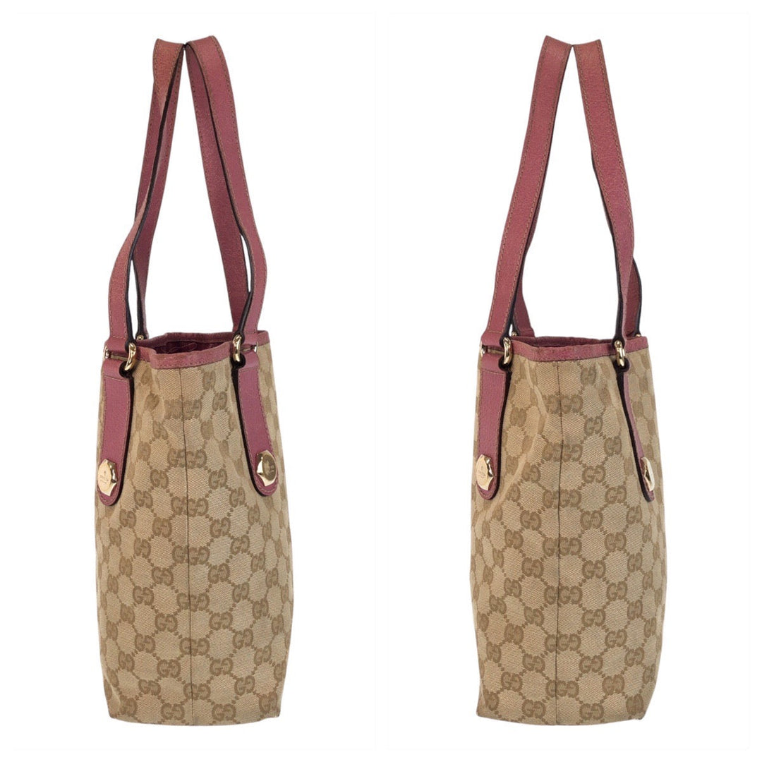 GUCCI Tote Bag 153361 GG canvas, leather Beige Pink Gold Metal Tote Bag Shoulder Bag Women Used Authentic