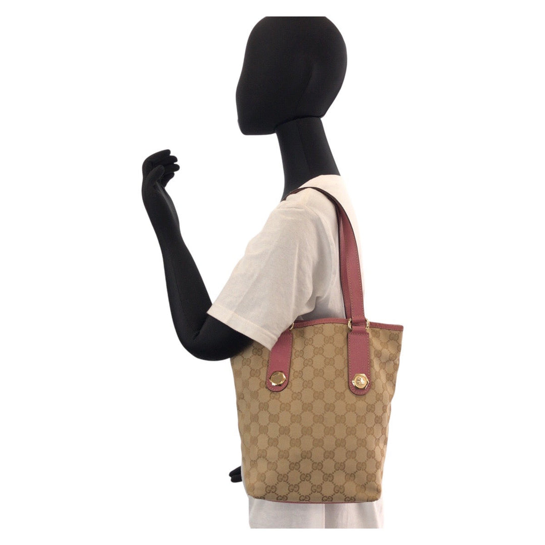 GUCCI Tote Bag 153361 GG canvas, leather Beige Pink Gold Metal Tote Bag Shoulder Bag Women Used Authentic