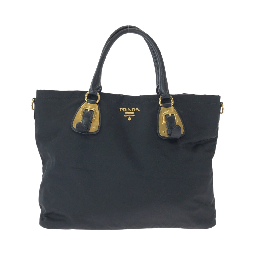 PRADA Tote Bag BN1902 Nylon Black Gold Metal Tote Bag Shoulder Bag Test logo Women Used Authentic