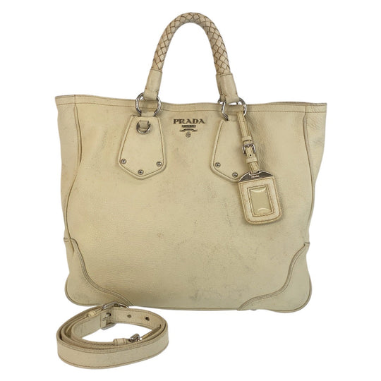 PRADA Handbag leather Ivory Cream SilverMetal Handbag Shoulder Bag 2way Women Used Authentic