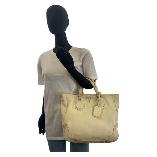 PRADA Handbag leather Ivory Cream SilverMetal Handbag Shoulder Bag 2way Women Used Authentic