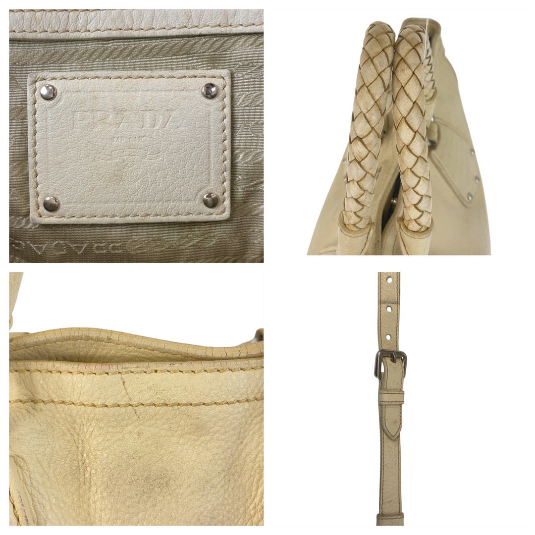 PRADA Handbag leather Ivory Cream SilverMetal Handbag Shoulder Bag 2way Women Used Authentic