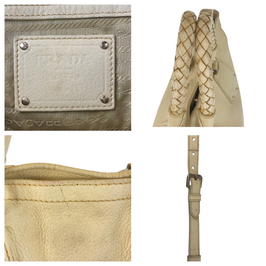 PRADA Handbag leather Ivory Cream SilverMetal Handbag Shoulder Bag 2way Women Used Authentic