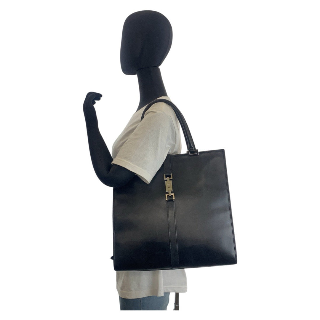 GUCCI Tote Bag 002 1064 leather Black SilverMetal Tote Bag Shoulder Bag Jackie Women Used Authentic