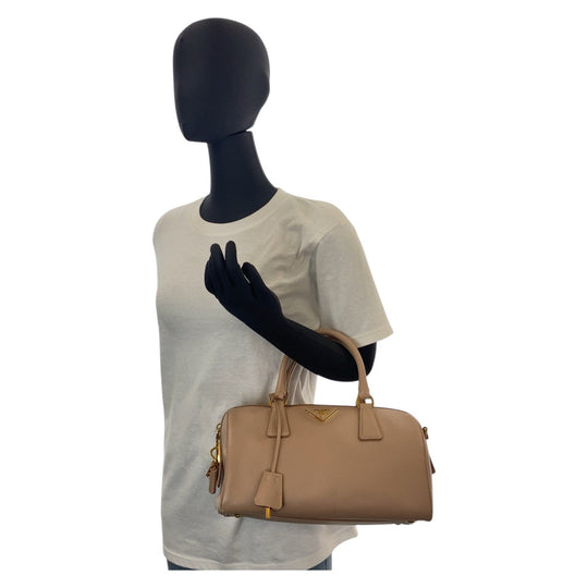 PRADA Handbag leather Pink Beige Gold Metal Handbag Shoulder Bag 2way Safiano Triangle With logo Women Used Authentic