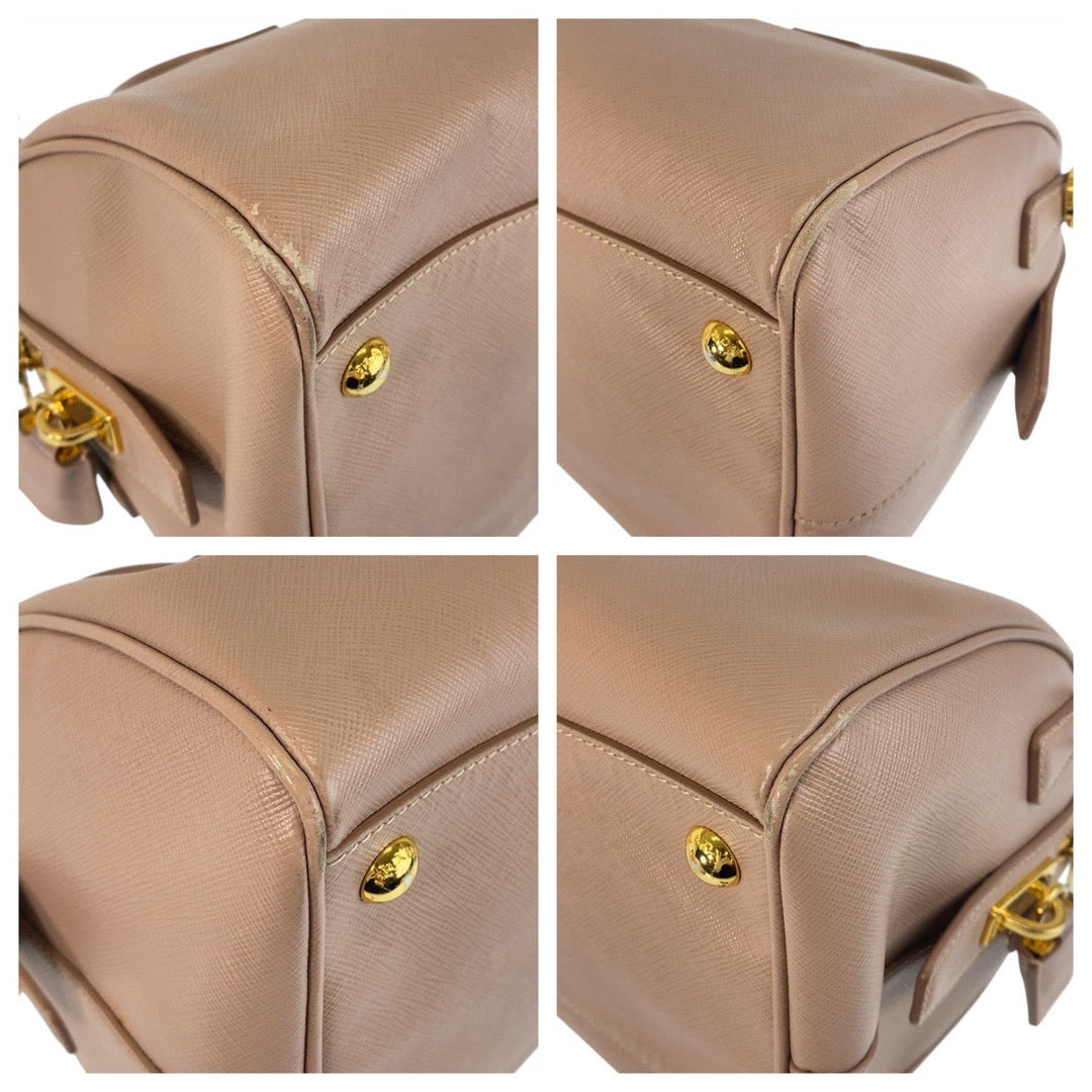 PRADA Handbag leather Pink Beige Gold Metal Handbag Shoulder Bag 2way Safiano Triangle With logo Women Used Authentic