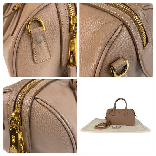 PRADA Handbag leather Pink Beige Gold Metal Handbag Shoulder Bag 2way Safiano Triangle With logo Women Used Authentic