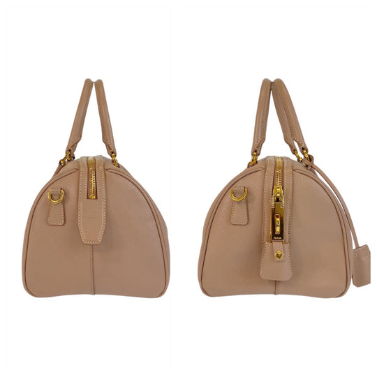 PRADA Handbag leather Pink Beige Gold Metal Handbag Shoulder Bag 2way Safiano Triangle With logo Women Used Authentic