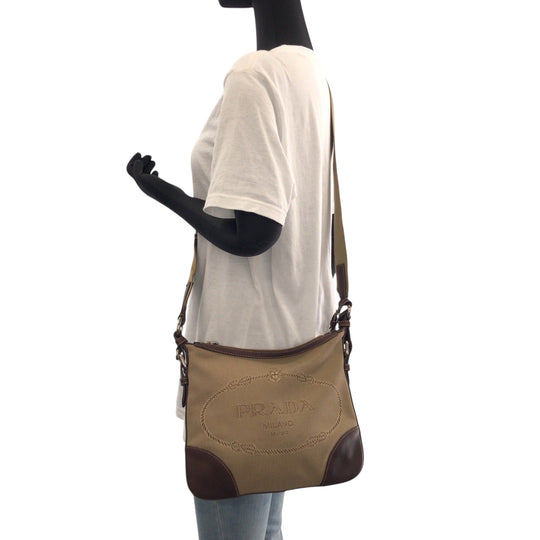 PRADA Shoulder Bag canvas Brown Silver Metal Shoulder Bag pochette Logo jacquard Women Used Authentic