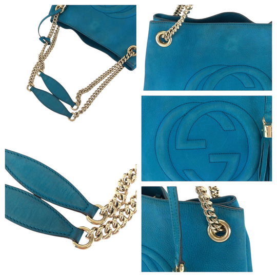 GUCCI Tote Bag 308982 leather blue ChainTote Bag Shoulder Bag Soho Women Used Authentic