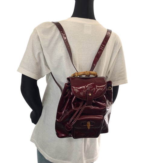GUCCI Backpack 003 1998 0030 Patent leather wine red brown Backpack Backpack Bamboo Women Used Authentic