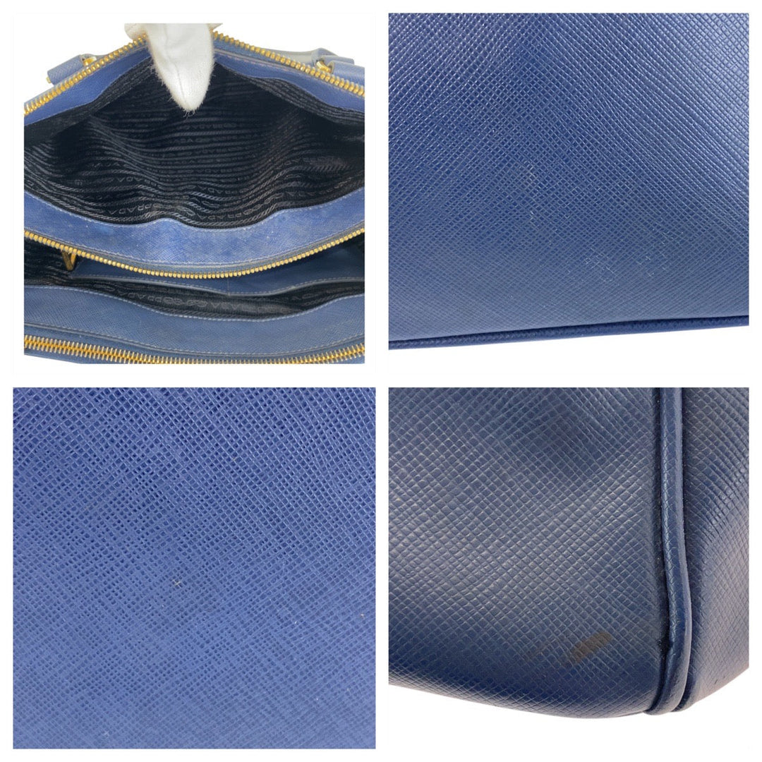 PRADA Handbag leather Blue GoldMetal Handbag Shoulder Bag 2way Safiano Galleria TriangleWith logo Women Used Authentic