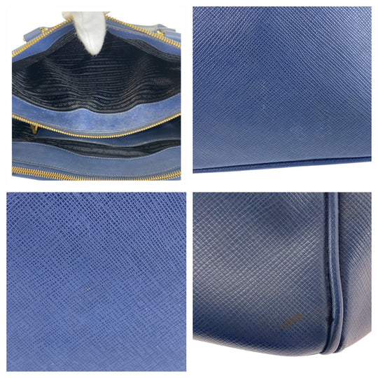 PRADA Handbag leather Blue GoldMetal Handbag Shoulder Bag 2way Safiano Galleria TriangleWith logo Women Used Authentic