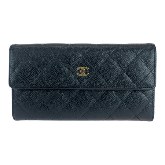 CHANEL Long Wallet Purse Caviar skin Black GoldMetal Long Wallet Purse Matrasse COCO Mark Women Used Authentic