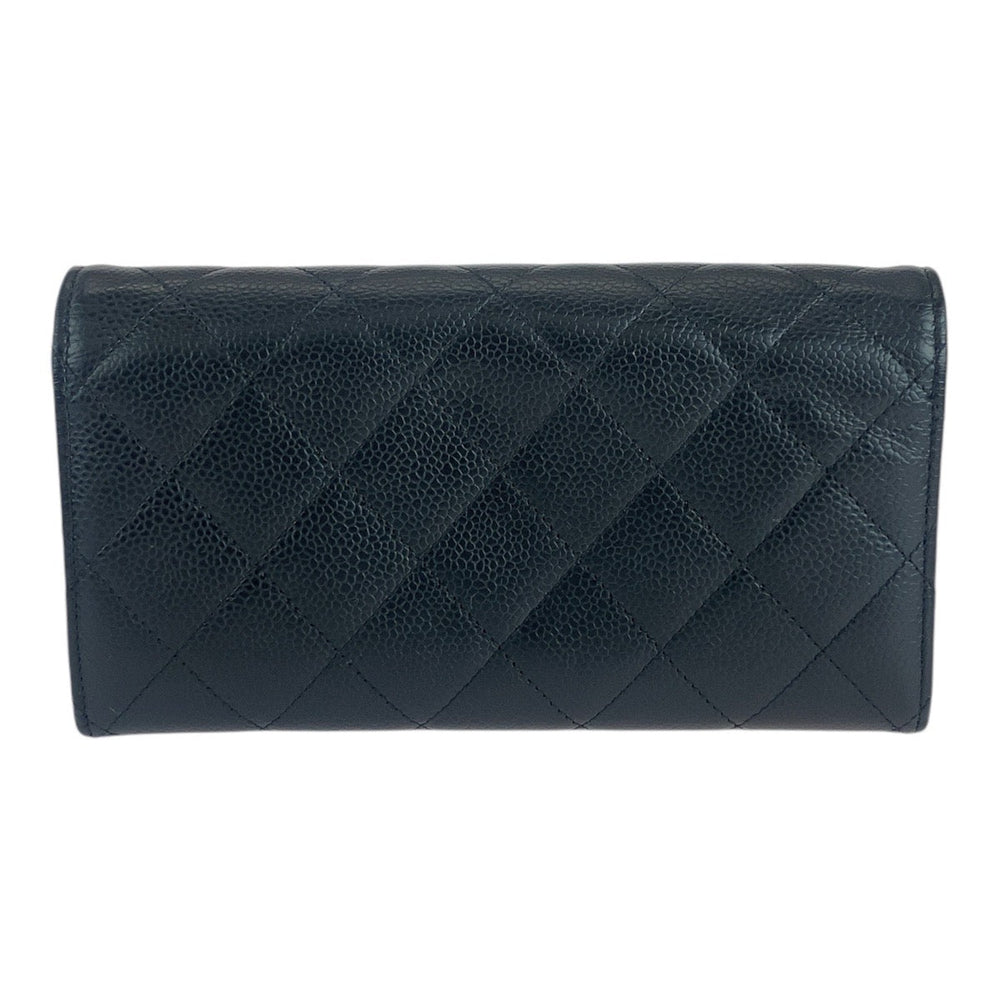 CHANEL Long Wallet Purse Caviar skin Black GoldMetal Long Wallet Purse Matrasse COCO Mark Women Used Authentic