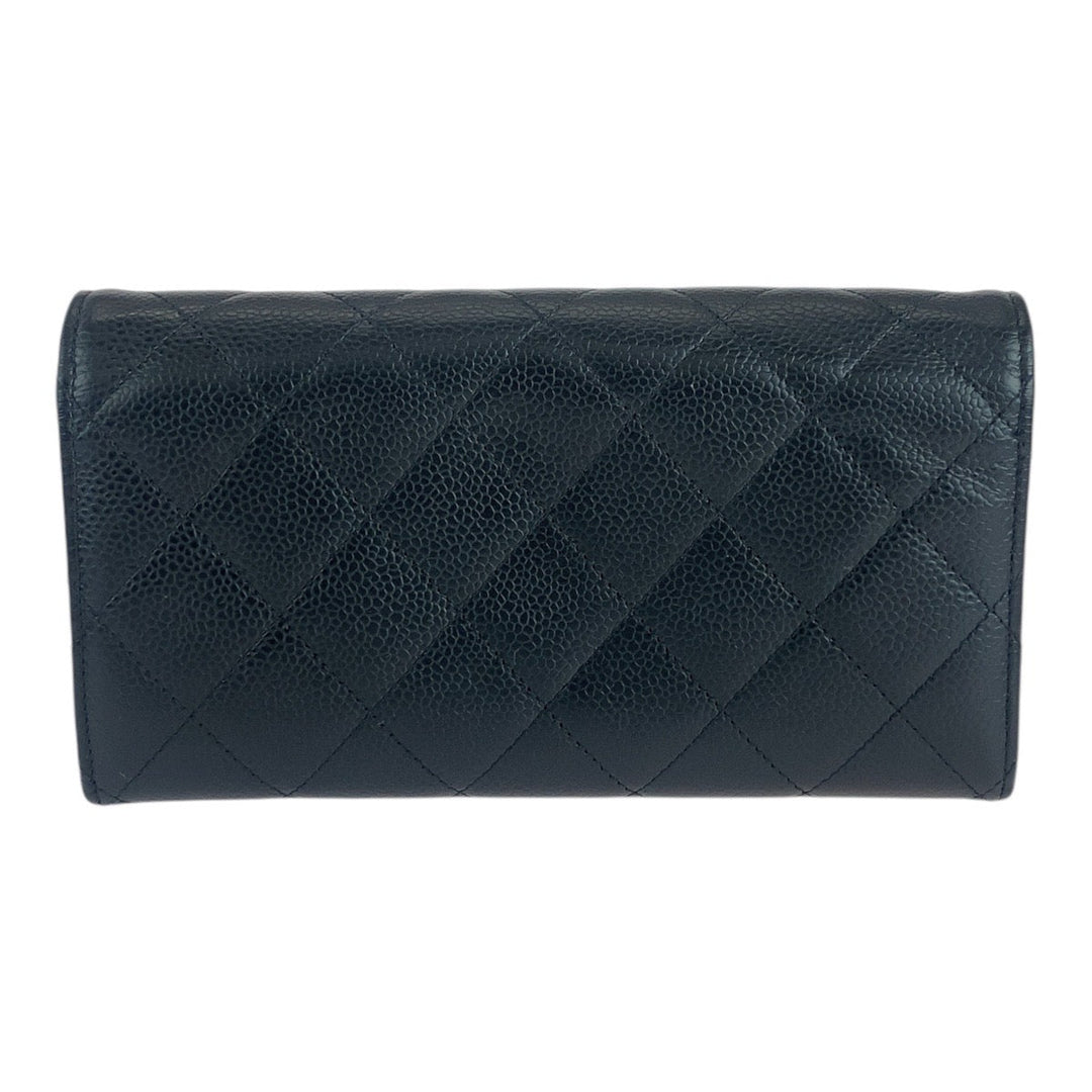 CHANEL Long Wallet Purse Caviar skin Black GoldMetal Long Wallet Purse Matrasse COCO Mark Women Used Authentic