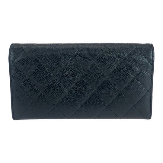 CHANEL Long Wallet Purse Caviar skin Black GoldMetal Long Wallet Purse Matrasse COCO Mark Women Used Authentic