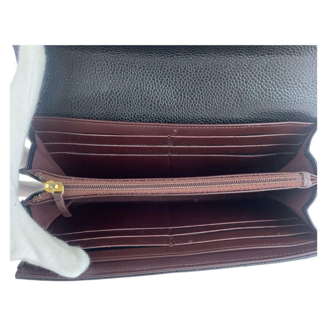 CHANEL Long Wallet Purse Caviar skin Black GoldMetal Long Wallet Purse Matrasse COCO Mark Women Used Authentic