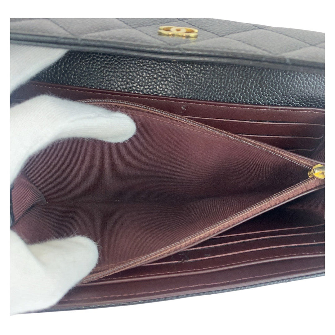 CHANEL Long Wallet Purse Caviar skin Black GoldMetal Long Wallet Purse Matrasse COCO Mark Women Used Authentic