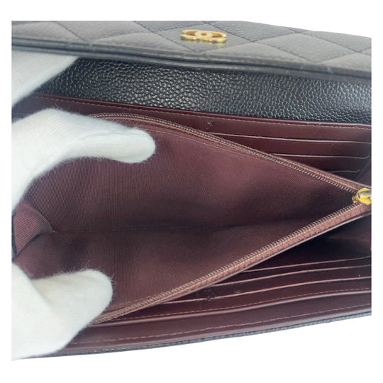 CHANEL Long Wallet Purse Caviar skin Black GoldMetal Long Wallet Purse Matrasse COCO Mark Women Used Authentic