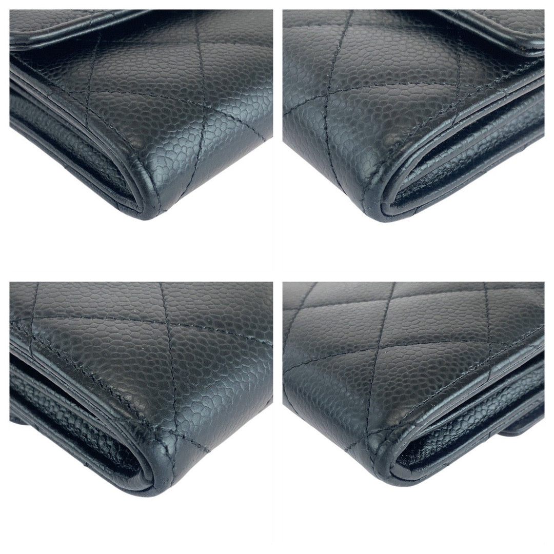 CHANEL Long Wallet Purse Caviar skin Black GoldMetal Long Wallet Purse Matrasse COCO Mark Women Used Authentic