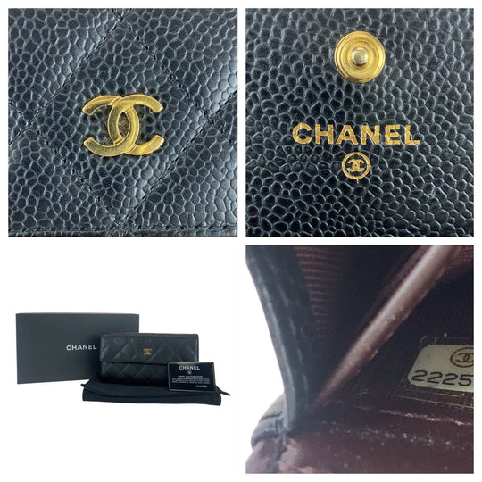 CHANEL Long Wallet Purse Caviar skin Black GoldMetal Long Wallet Purse Matrasse COCO Mark Women Used Authentic