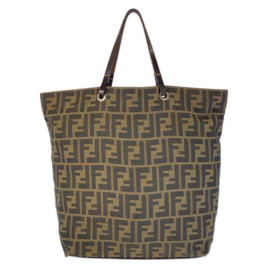 FENDI Tote Bag Canvas, Leather Brown Silver Metal Tote Bag handbag Zucca Women Used Authentic