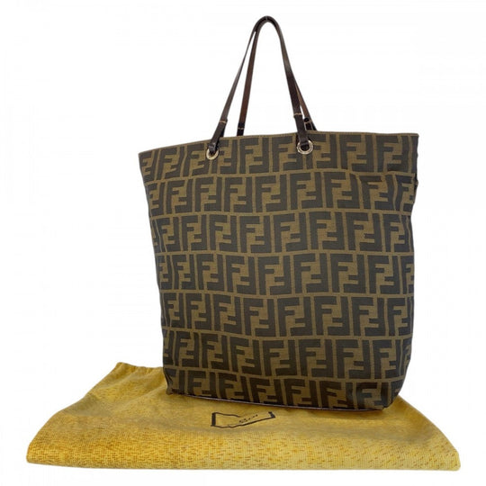 FENDI Tote Bag Canvas, Leather Brown Silver Metal Tote Bag handbag Zucca Women Used Authentic