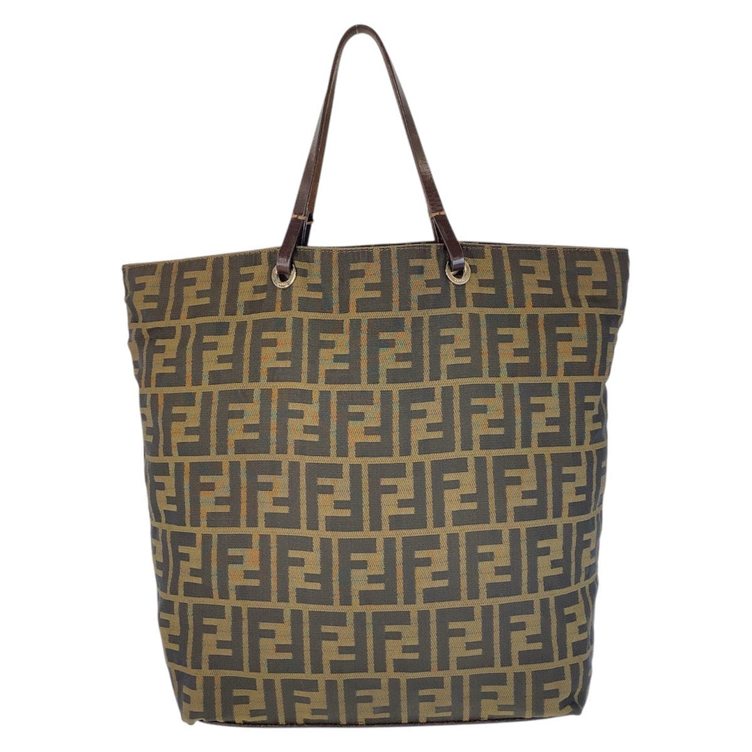FENDI Tote Bag Canvas, Leather Brown Silver Metal Tote Bag handbag Zucca Women Used Authentic