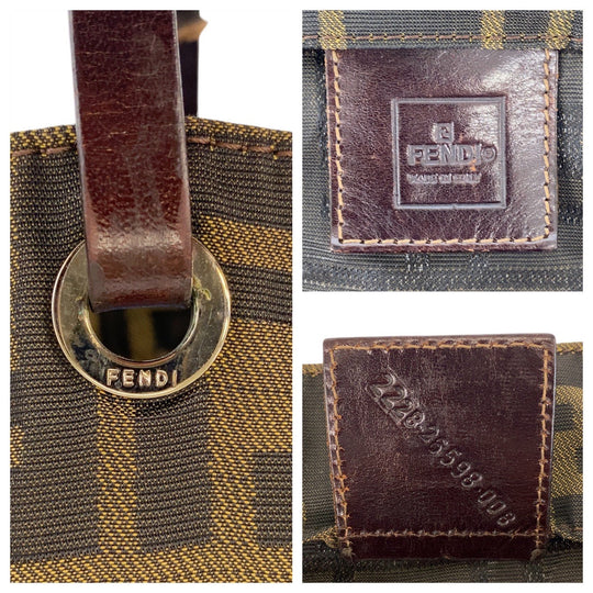 FENDI Tote Bag Canvas, Leather Brown Silver Metal Tote Bag handbag Zucca Women Used Authentic
