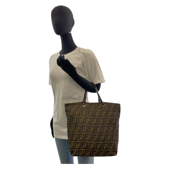FENDI Tote Bag Canvas, Leather Brown Silver Metal Tote Bag handbag Zucca Women Used Authentic