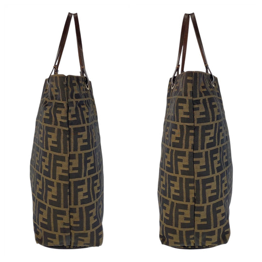 FENDI Tote Bag Canvas, Leather Brown Silver Metal Tote Bag handbag Zucca Women Used Authentic