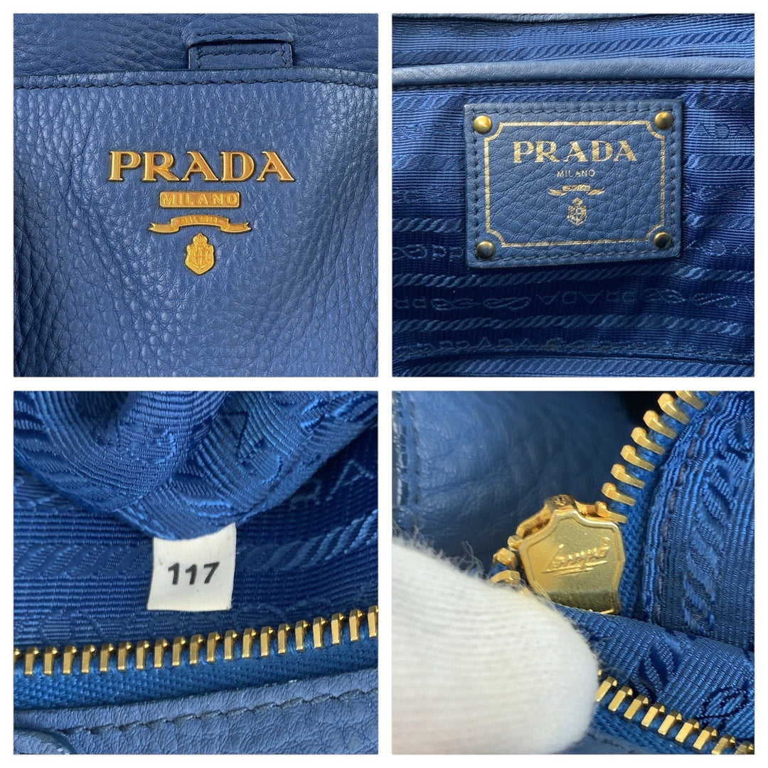 PRADA Tote Bag leather Blue GoldMetal Tote Bag handbag Vitterodino Triangle With logo Women Used Authentic
