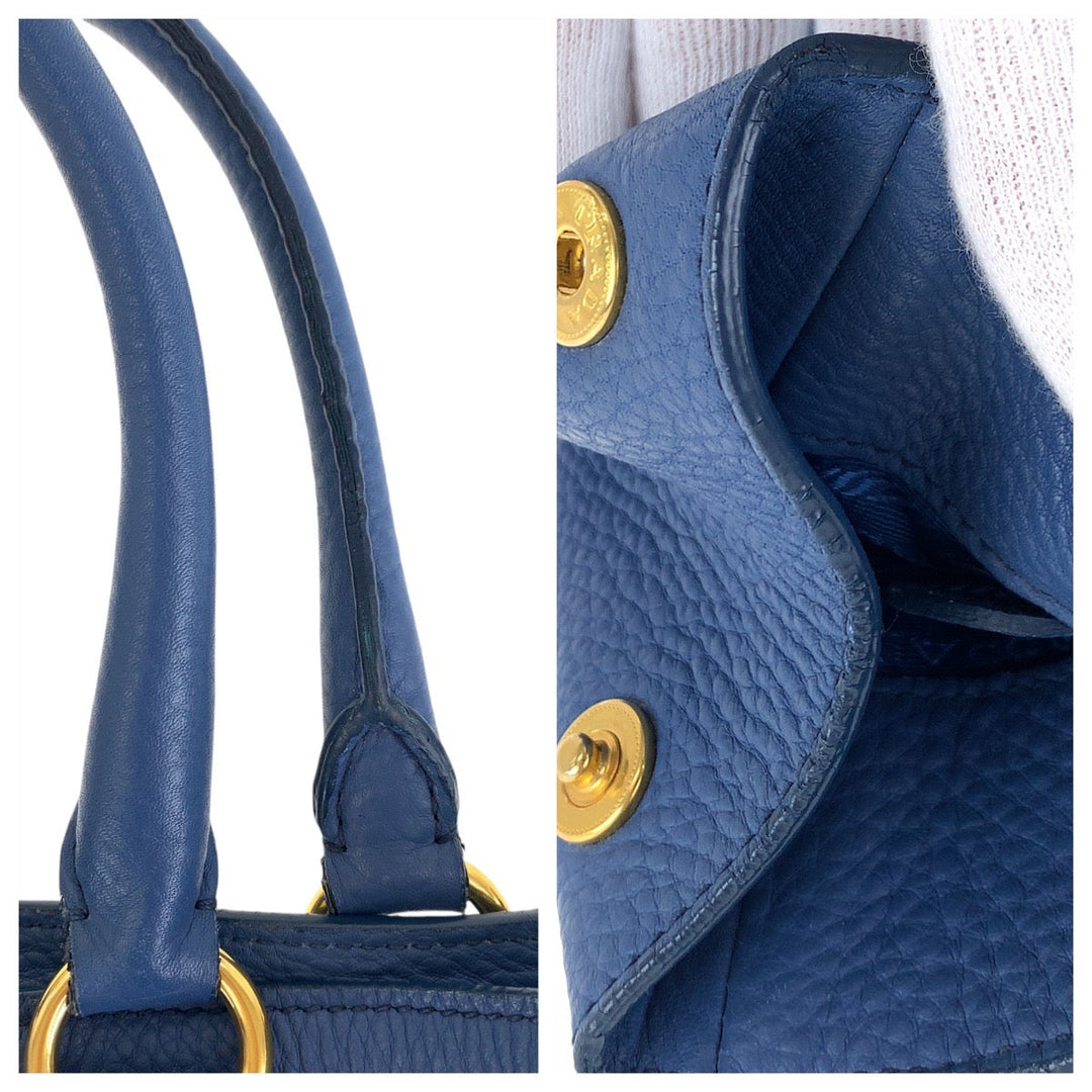 PRADA Tote Bag leather Blue GoldMetal Tote Bag handbag Vitterodino Triangle With logo Women Used Authentic