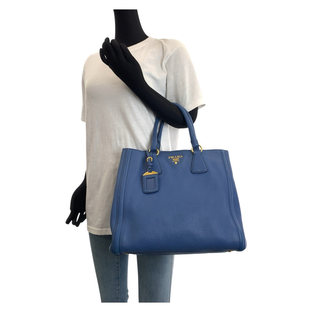 PRADA Tote Bag leather Blue GoldMetal Tote Bag handbag Vitterodino Triangle With logo Women Used Authentic