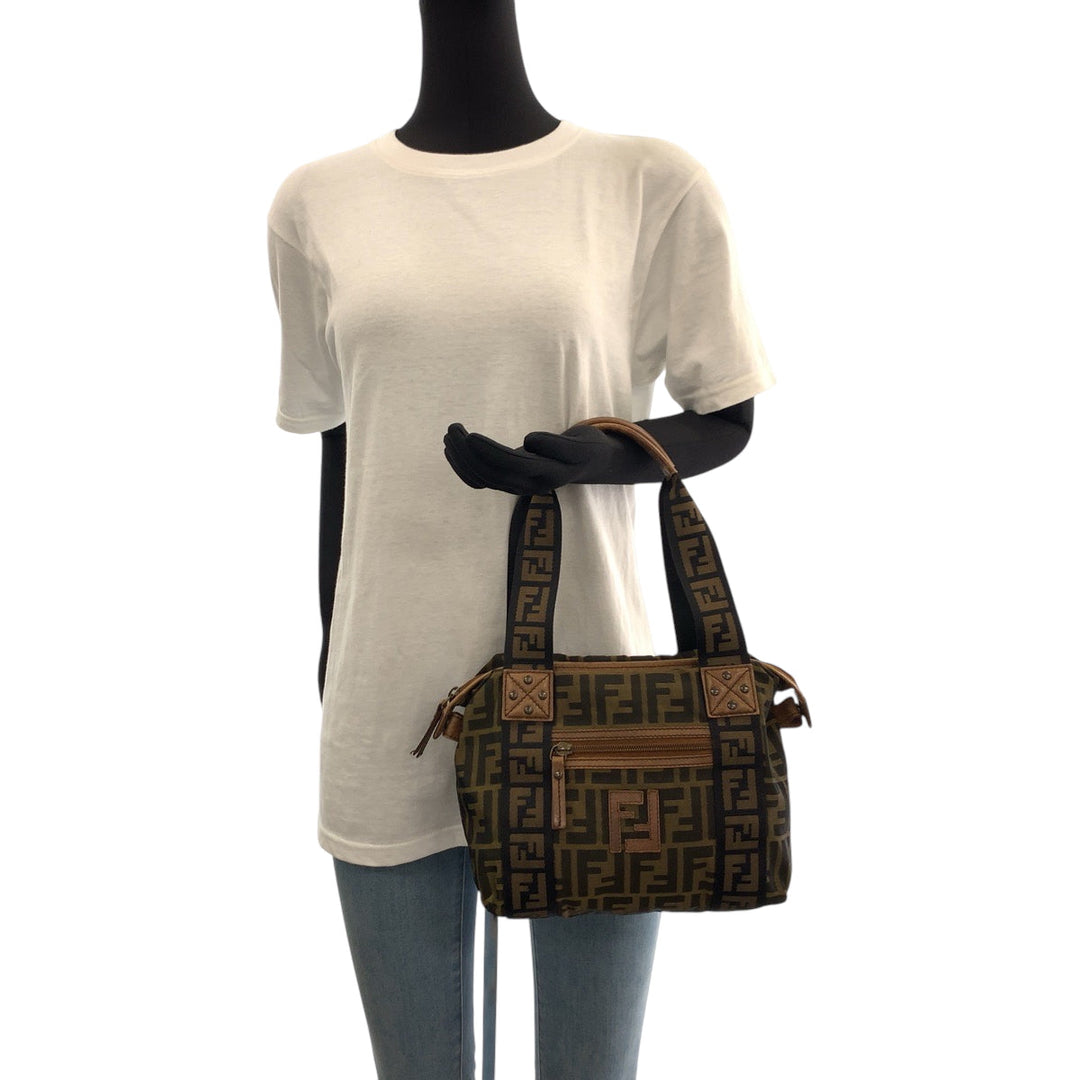 FENDI Handbag canvas Brown Gold Metal Zucca