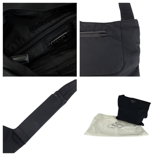 PRADA Shoulder Bag Nylon Black SilverMetal Shoulder Bag Sacoche Test Triangle With logo Women Used Authentic
