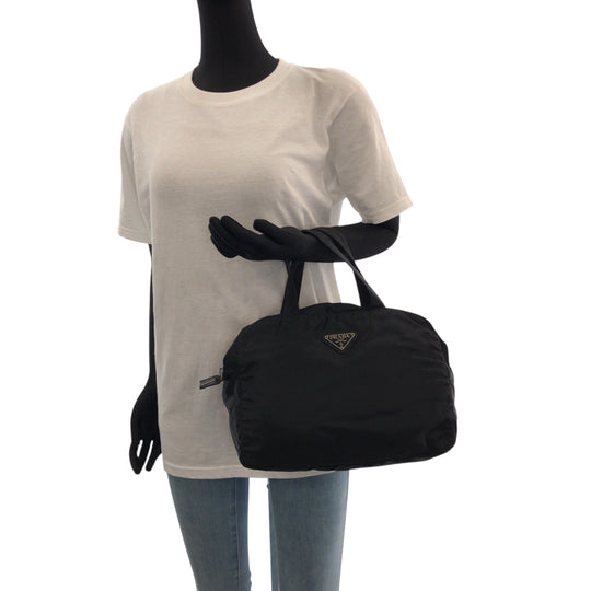 PRADA Handbag Nylon Black SilverMetal Handbag Tote Bag Test Triangle With logo Women Used Authentic