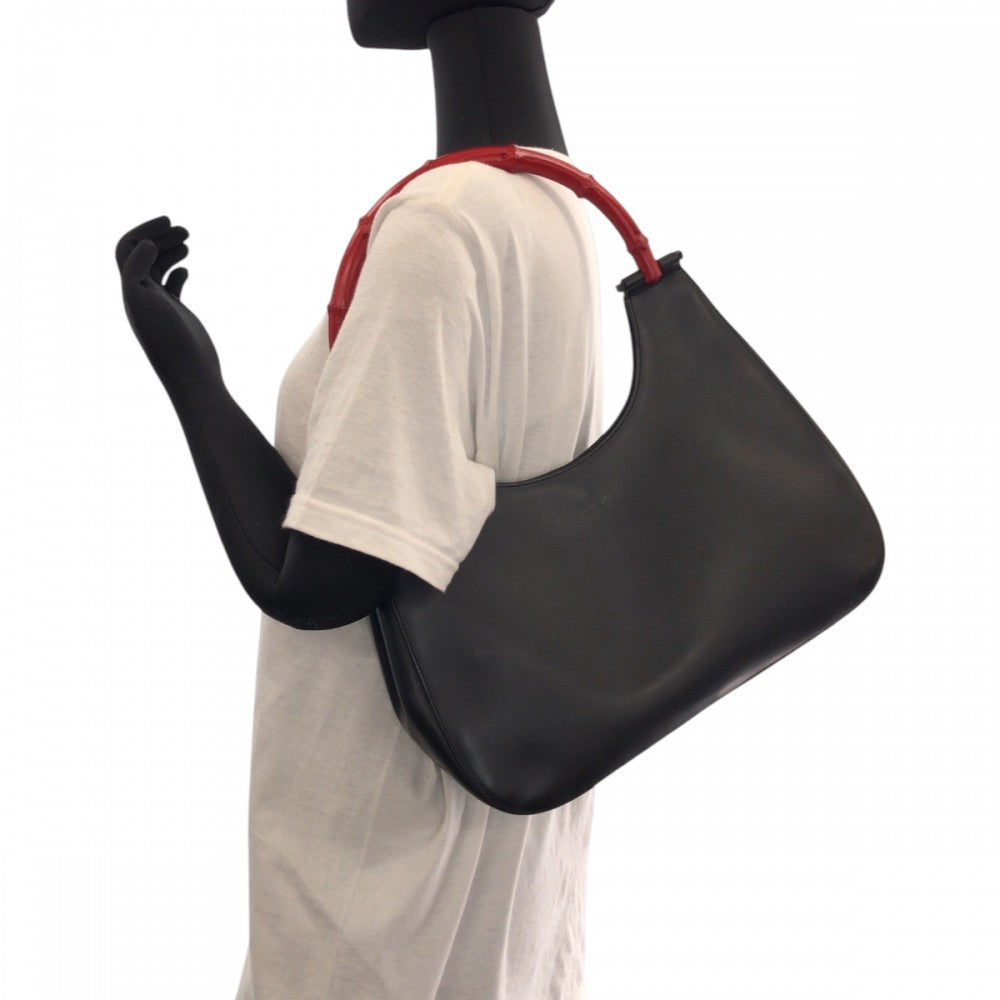 GUCCI Shoulder Bag 001 3739 leather Black black red One Shoulder Bag Bamboo Women Used Authentic