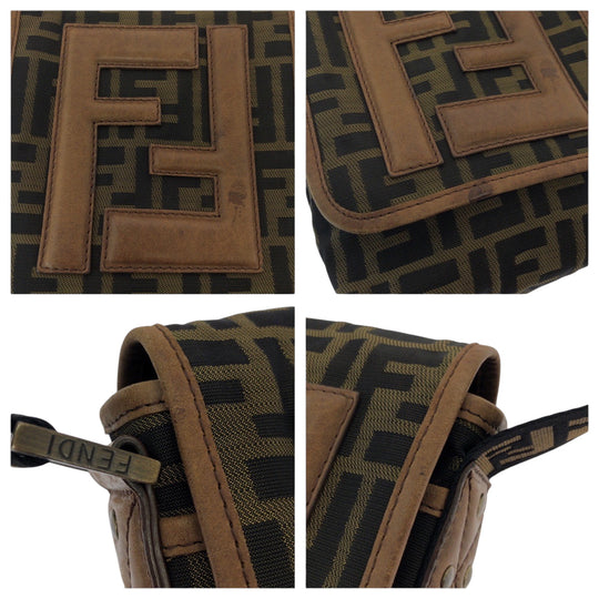 FENDI Shoulder Bag canvas Brown Gold Metal Shoulder Bag pochette Zucca FF logo Women Used Authentic