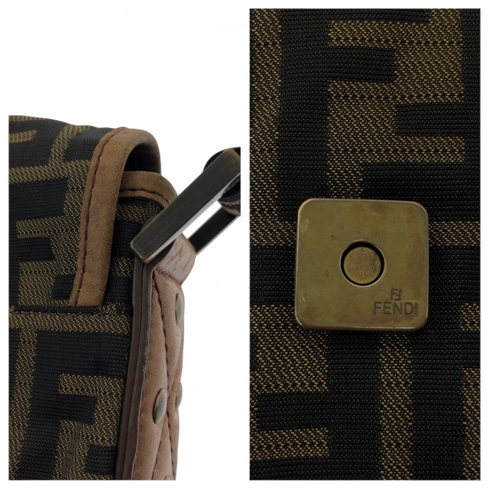 FENDI Shoulder Bag canvas Brown Gold Metal Shoulder Bag pochette Zucca FF logo Women Used Authentic