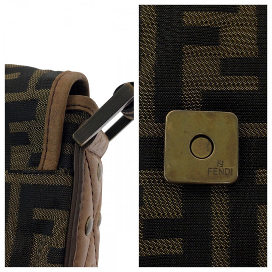 FENDI Shoulder Bag canvas Brown Gold Metal Shoulder Bag pochette Zucca FF logo Women Used Authentic
