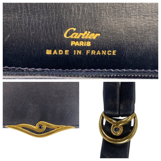 CARTIER Shoulder Bag leather Navy Gold Metal Shoulder Bag pochette Sapphire line Women Used Authentic